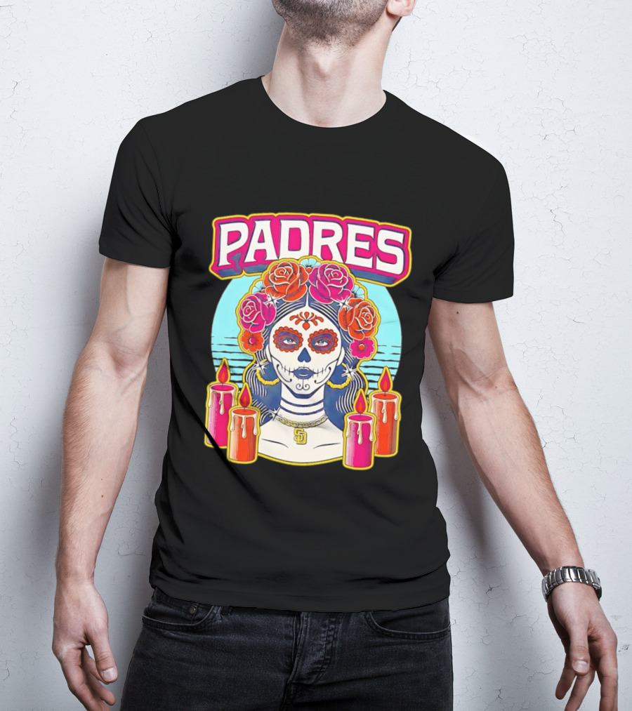 San Diego Padres La Catrina Dia De Los Muertos Candles And Flowers T-Shirt