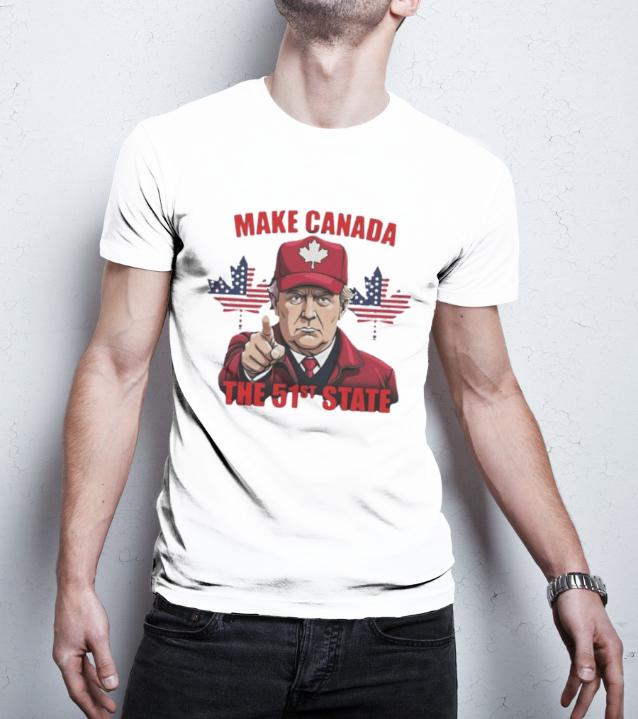 Make Canada The 51st State Trump Red Cap Maple Leaf Stars Stripes T-Shirt