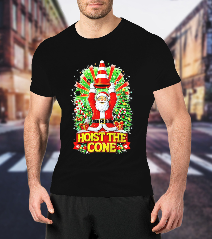 Santa Hoist The Cone Christmas Lights Tree Candy Canes T-Shirt