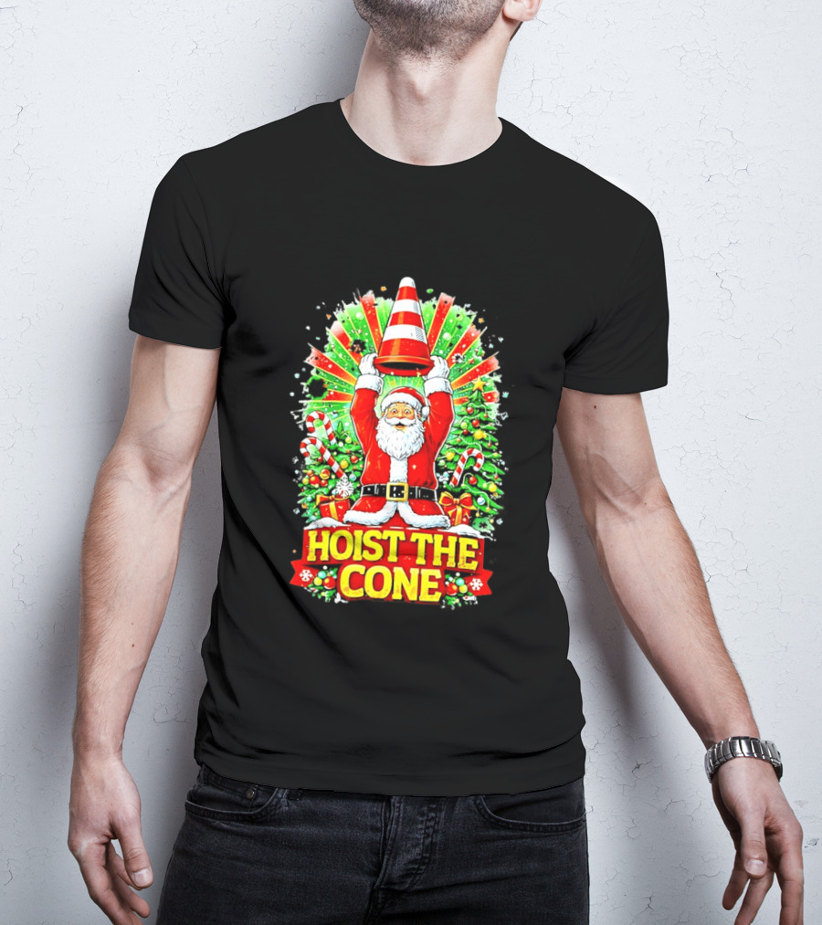 Santa Hoist The Cone Christmas Lights Tree Candy Canes T-Shirt