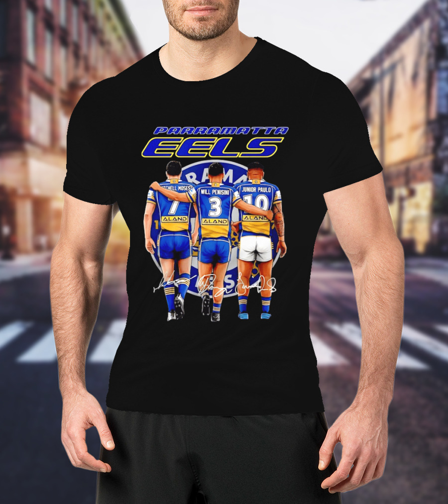 Parramatta Eels Mitchell Moses Will Penisini Junior Paulo Signatures T-Shirt