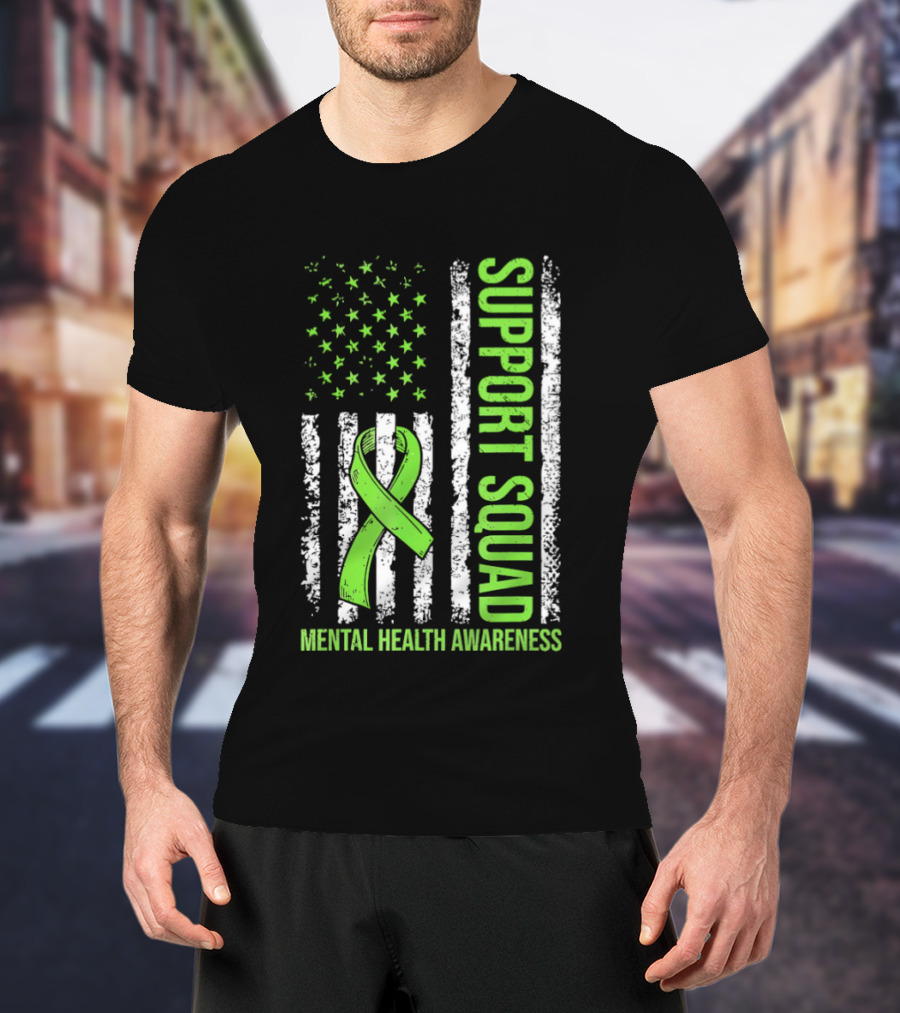 Support Squad US Flag Green Ribbon Mental Health Awareness T-Shirt