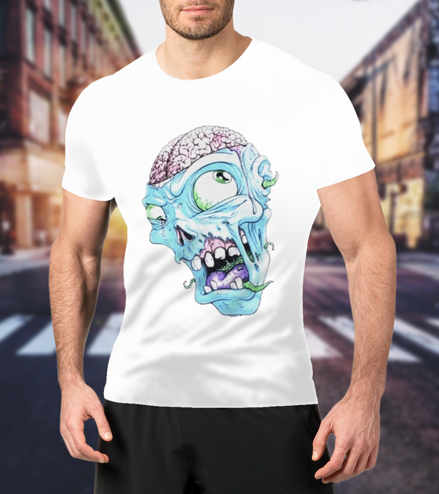 Annoyed Monster Head Zombie Skull Illustration With Exposed Brain And Worms T-Shirt