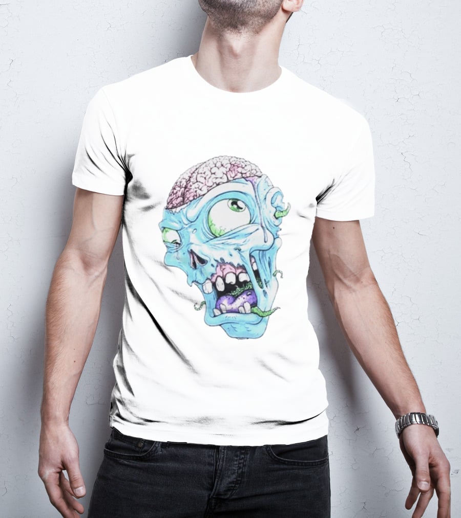 Annoyed Monster Head Zombie Skull Illustration With Exposed Brain And Worms T-Shirt