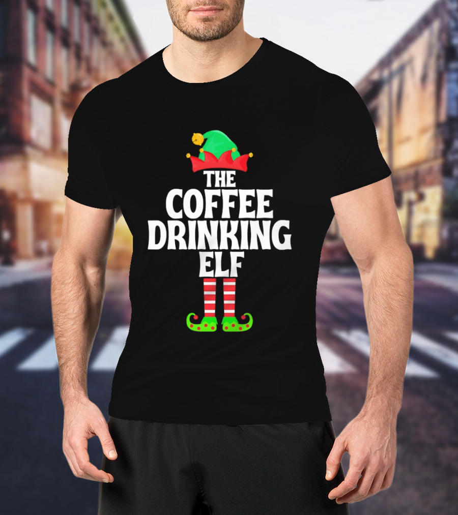 The Coffee Drinking Elf Red Green Jester Hat Striped Socks T-Shirt