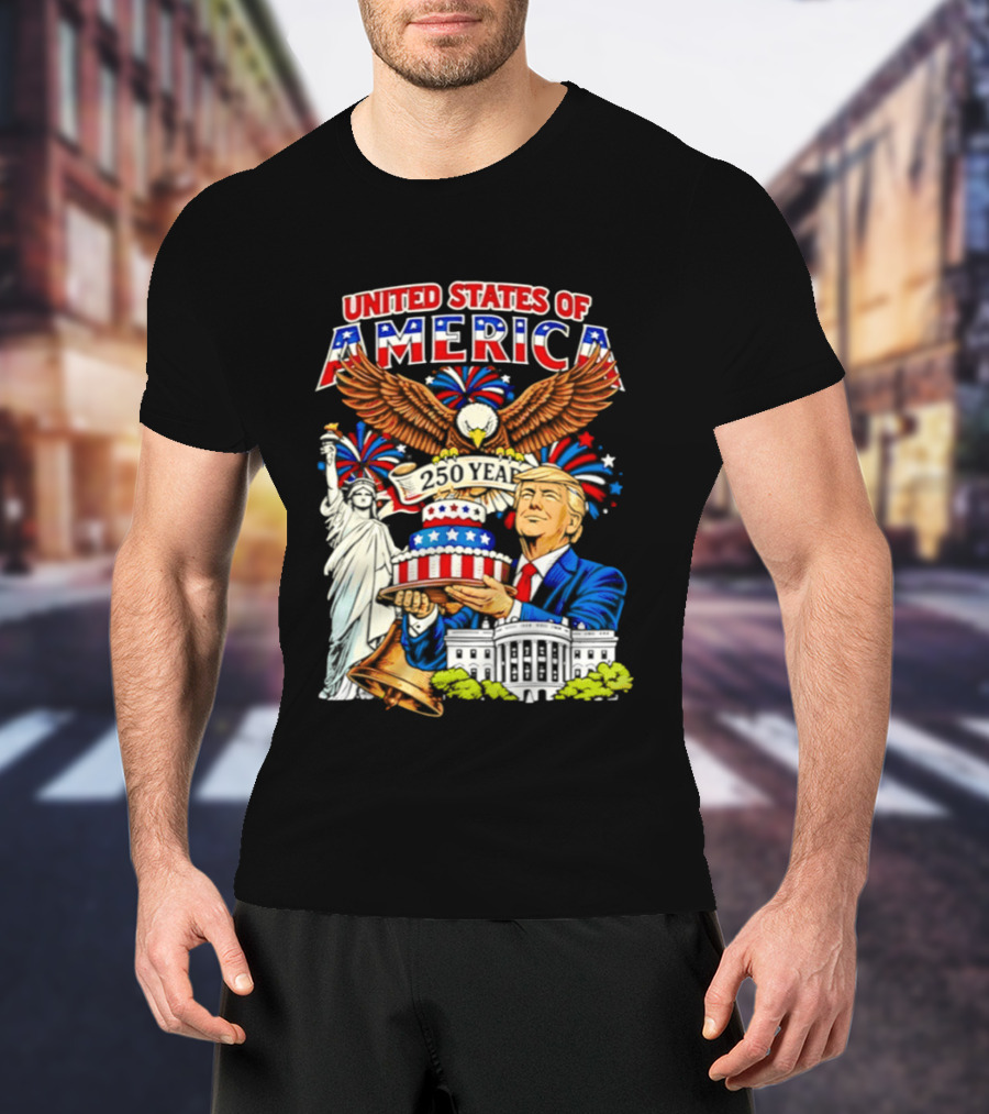 United States Of America 250 Years Celebration 4th Of July Trump With Birthday Cake And Eagle T-Shirt