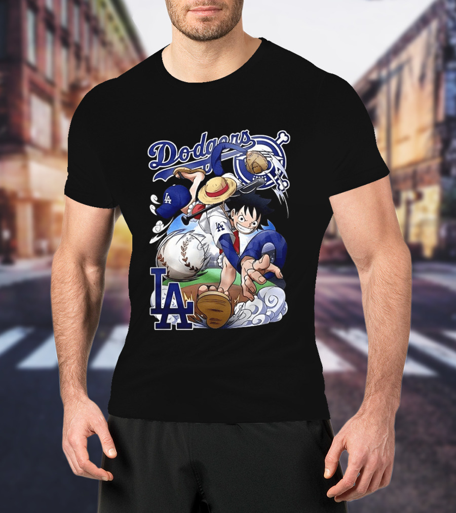 Luffy Los Angeles Dodgers One Piece Anime Crossover MLB Collaboration T-Shirt
