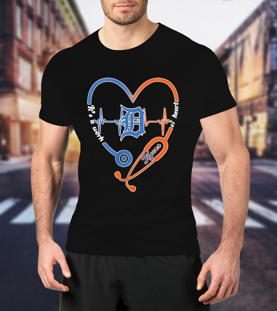 Detroit Tigers Heartbeat Stethoscope Work Of Heart T-Shirt