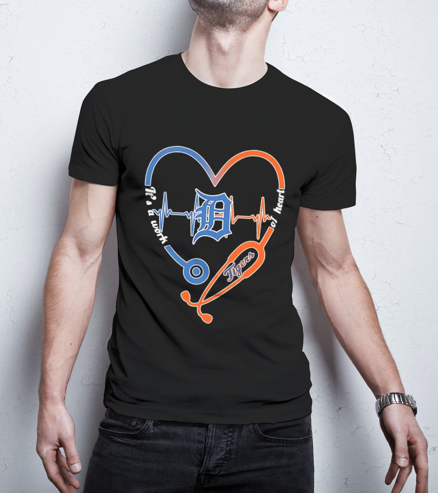 Detroit Tigers Heartbeat Stethoscope Work Of Heart T-Shirt