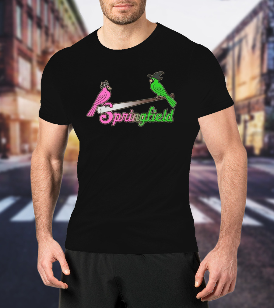 Springfield Cardinals Pink And Green Birds With Crown And Witch Hat Baseball Bat T-Shirt