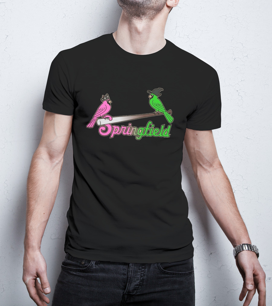 Springfield Cardinals Pink And Green Birds With Crown And Witch Hat Baseball Bat T-Shirt