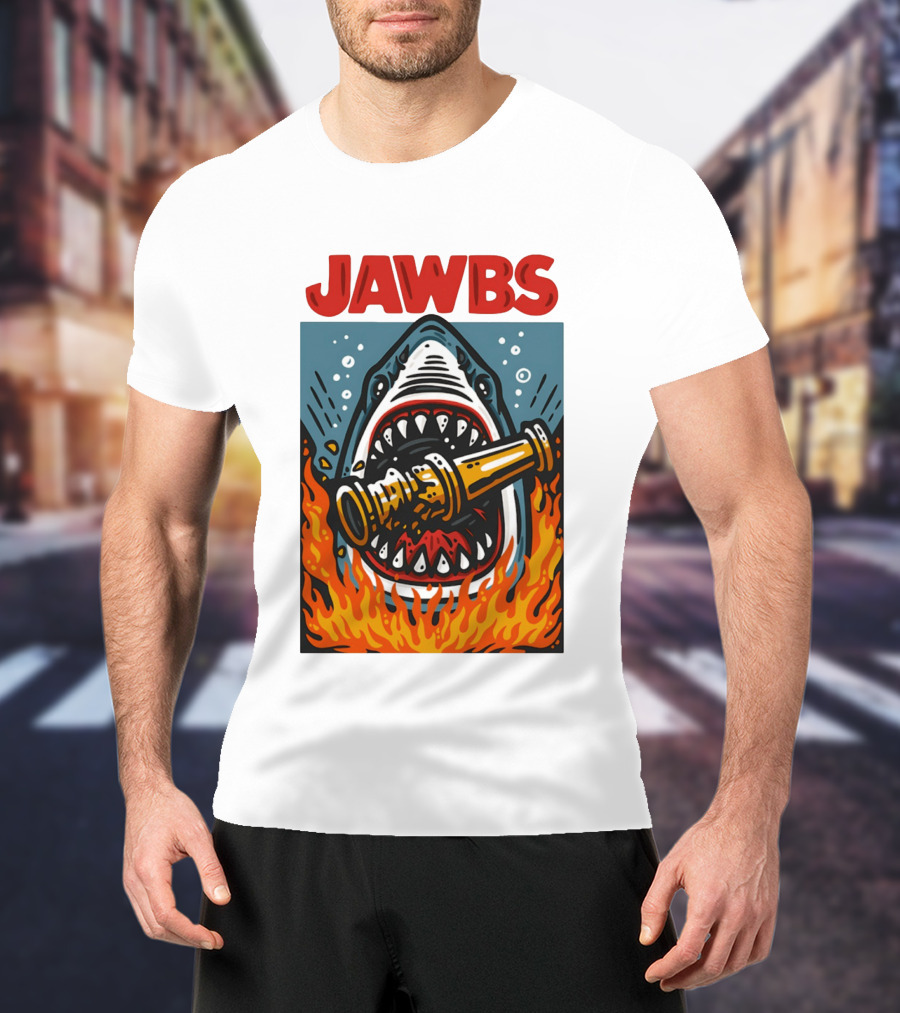JAWS Jawbs Shark Biting Fire Hose Surrounded By Flames T-Shirt