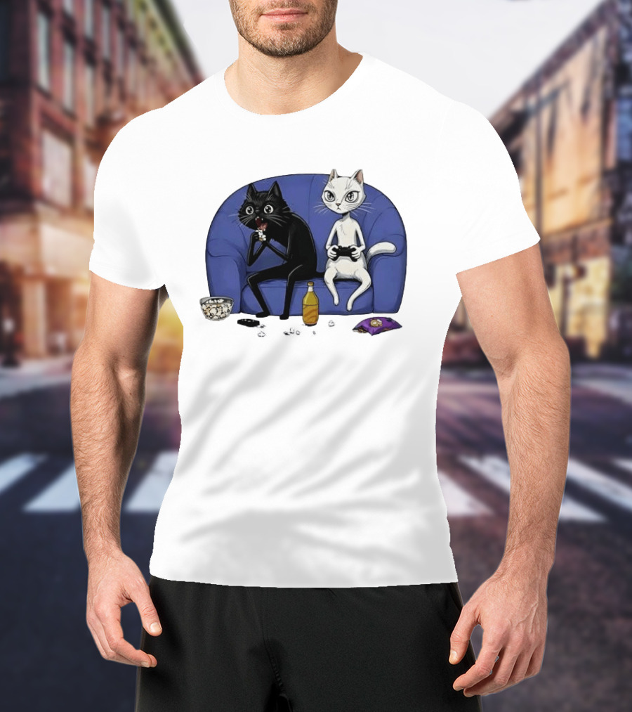 Two Cats One Couch Endless Fun Playing Games With Snacks And Popcorn T-Shirt