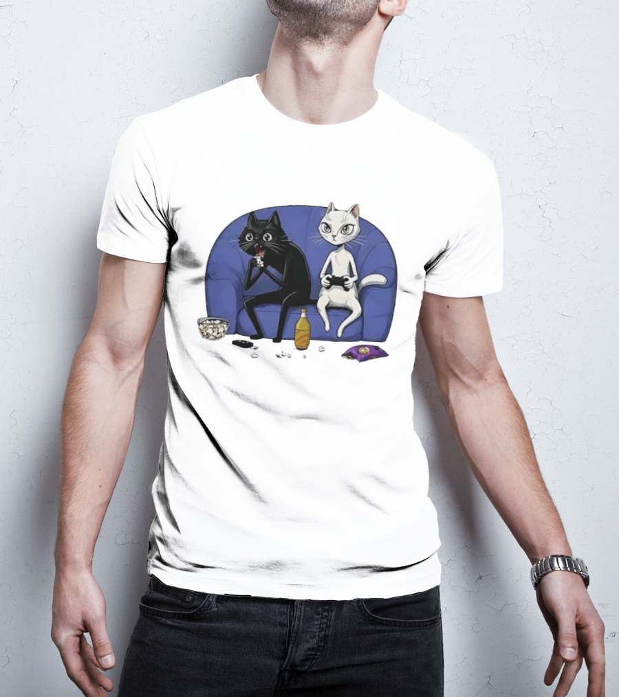 Two Cats One Couch Endless Fun Playing Games With Snacks And Popcorn T-Shirt