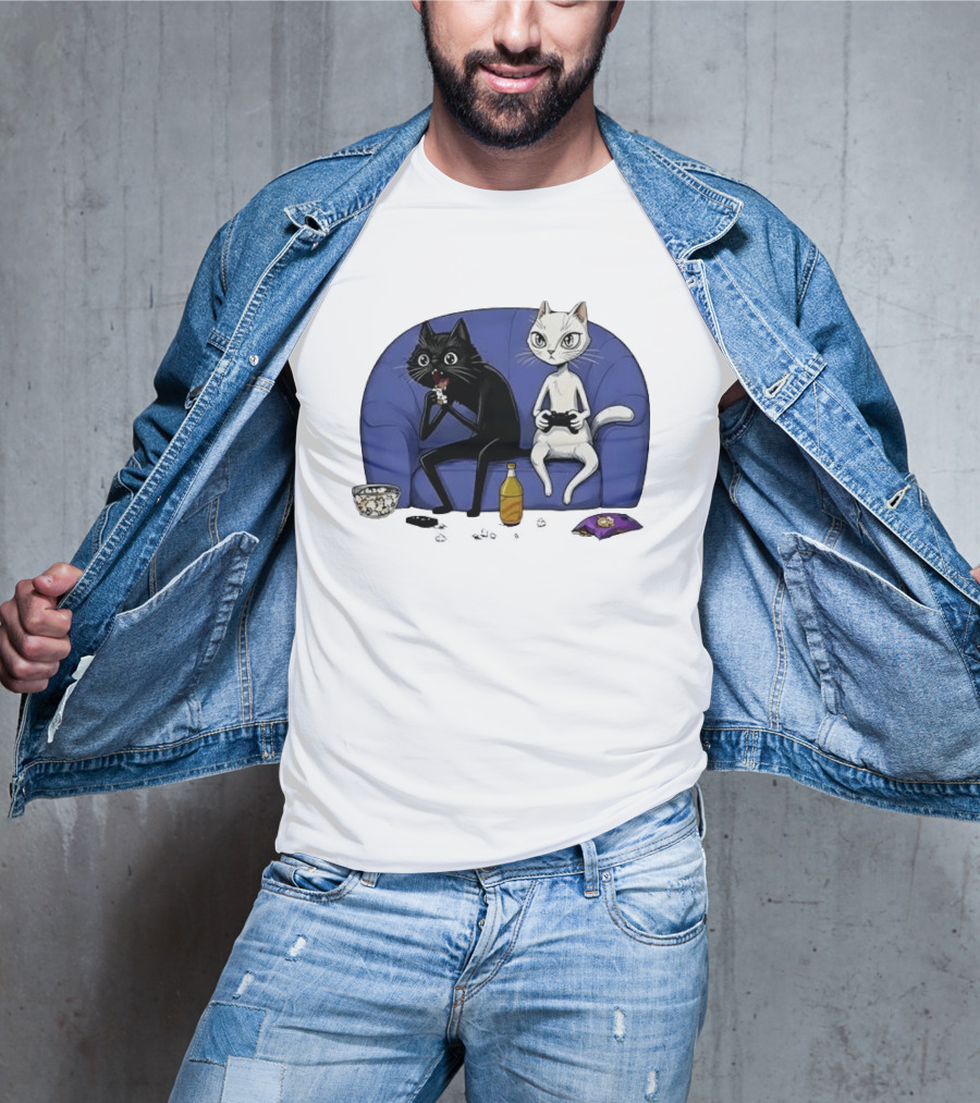 Two Cats One Couch Endless Fun Playing Games With Snacks And Popcorn T-Shirt