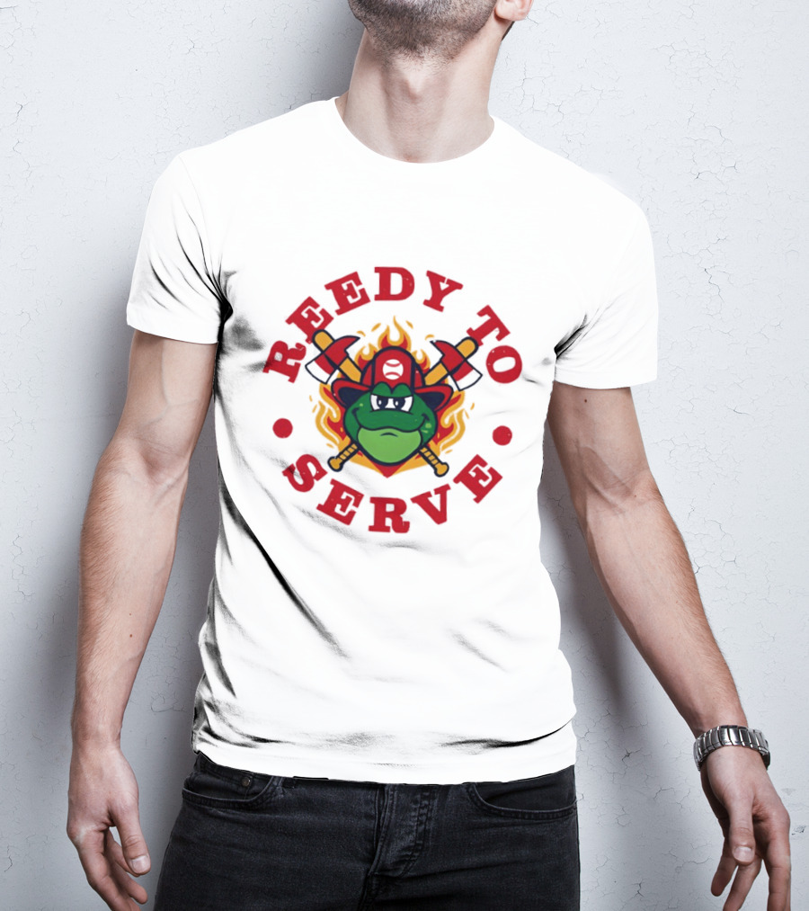 Reedy To Serve Reedy Rip'it The Frog Greenville Drive Baseball Firefighter T-Shirt