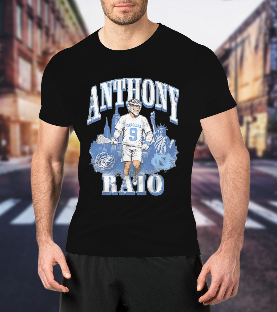Anthony Raio Carolina 9 Lacrosse UNC Skyline Statue NYC T-Shirt