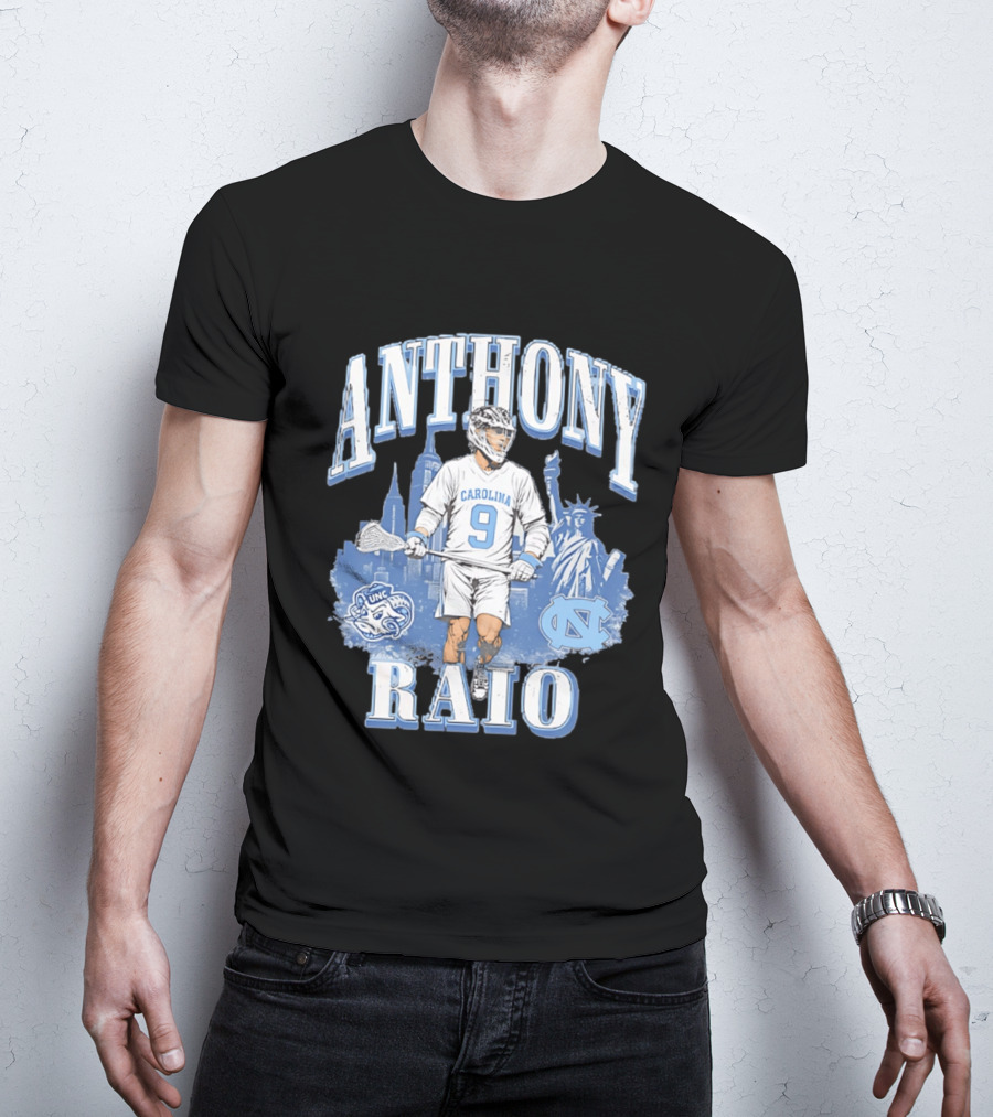 Anthony Raio Carolina 9 Lacrosse UNC Skyline Statue NYC T-Shirt