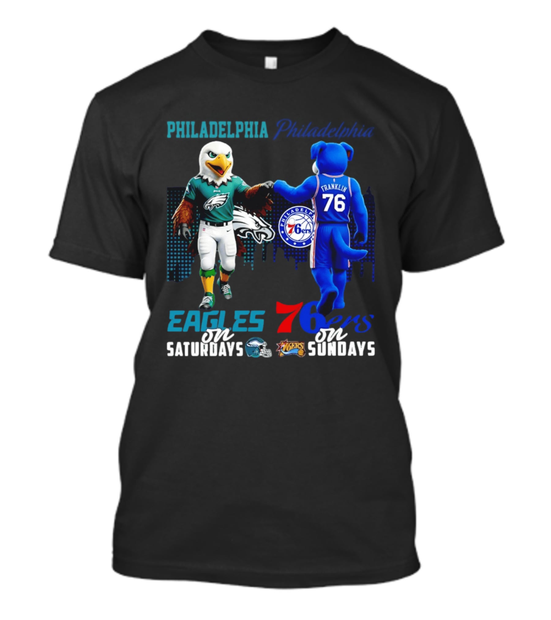 Philadelphia Eagles Vs 76ers Franklin Mascots Saturdays Sundays City Skyline T-Shirt