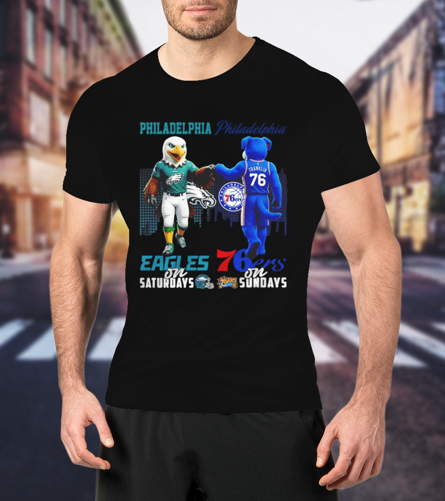 Philadelphia Eagles Vs 76ers Franklin Mascots Saturdays Sundays City Skyline T-Shirt