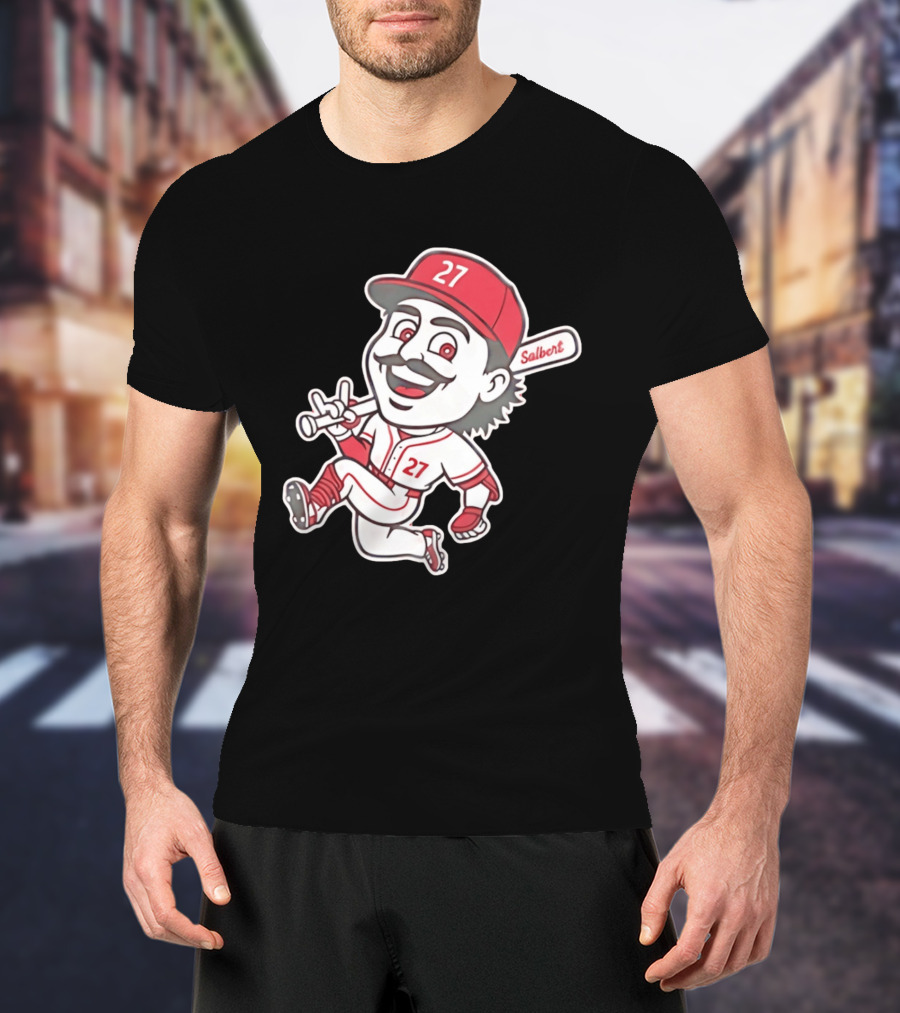 Cincinnati Reds Sal Stewart Number 27 Cartoon Player With Salbert Bat T-Shirt