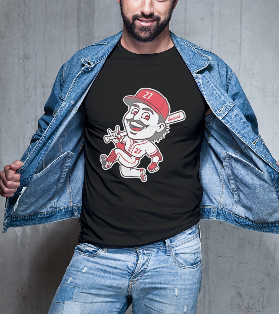 Cincinnati Reds Sal Stewart Number 27 Cartoon Player With Salbert Bat T-Shirt