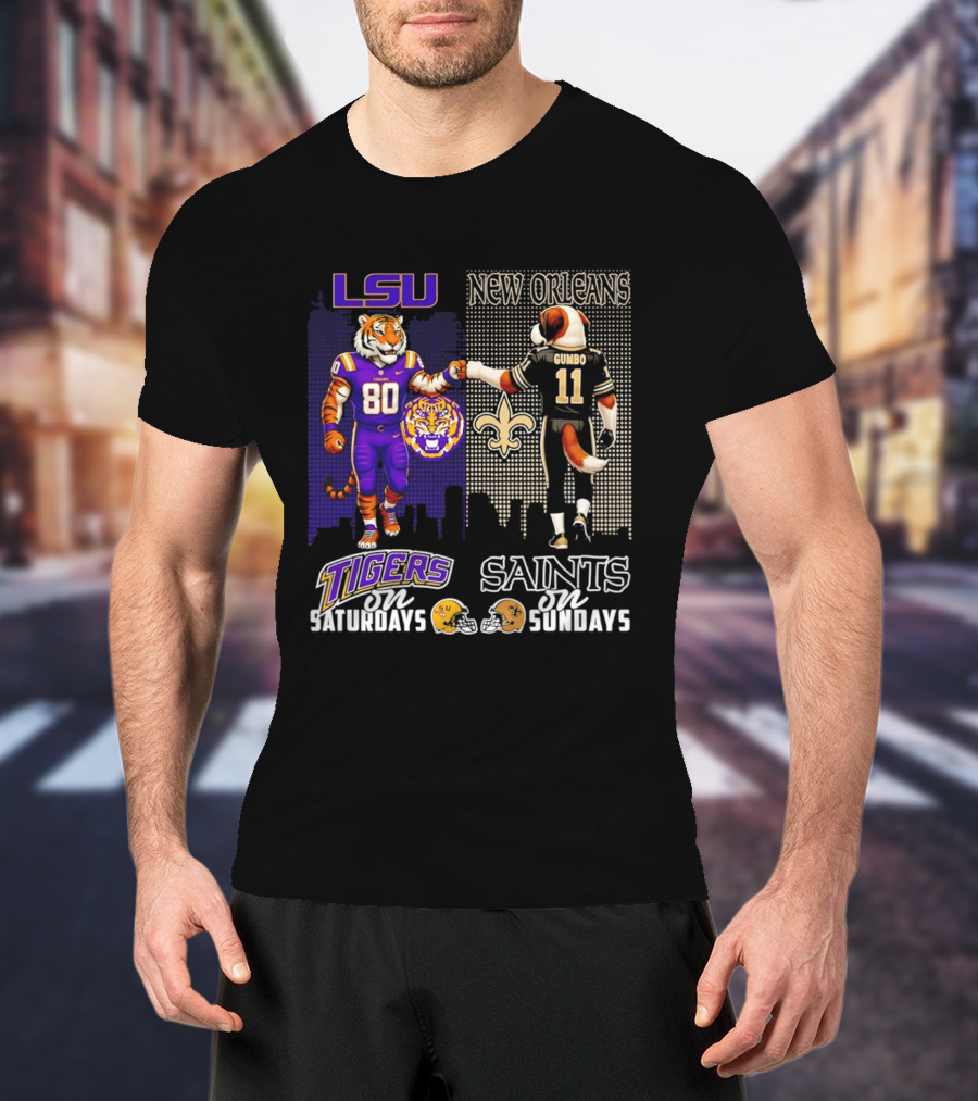 LSU Tigers And New Orleans Saints Football Saturdays And Sundays With City Skyline T-Shirt
