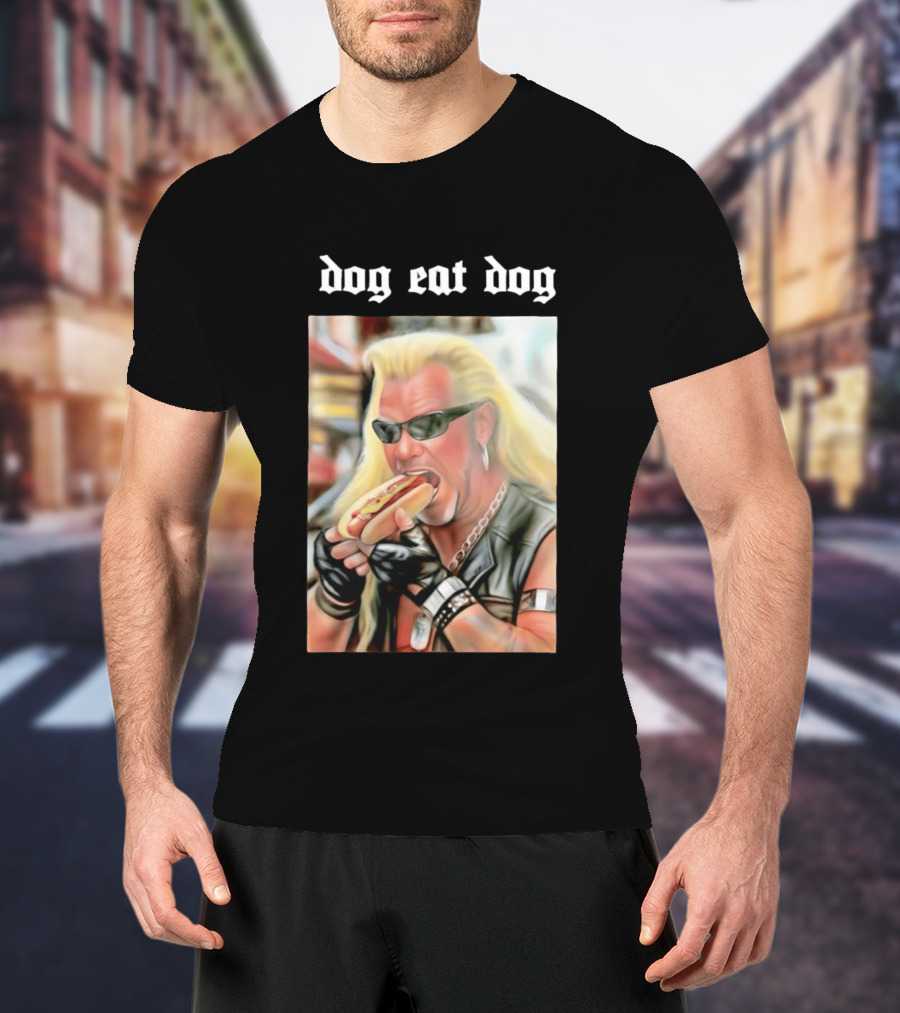 Dog Eat Dog Man Eating Hot Dog Sunglasses Blonde Long Hair T-Shirt