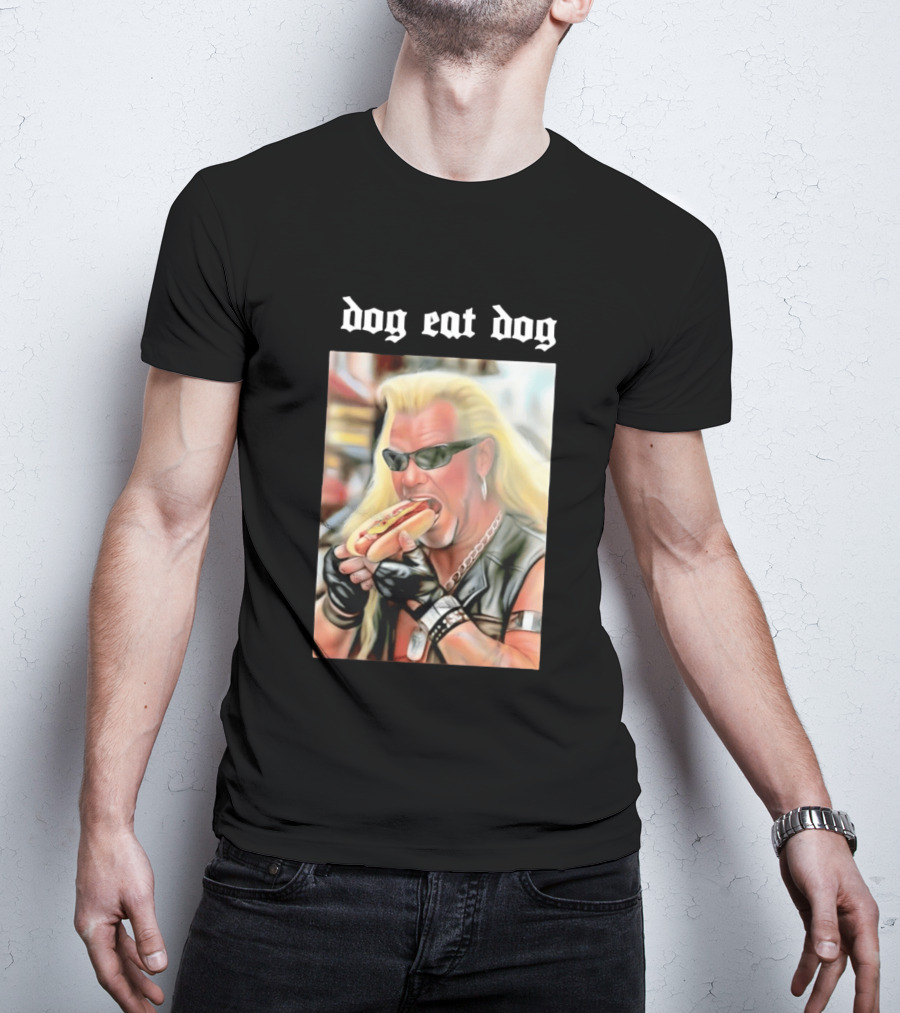 Dog Eat Dog Man Eating Hot Dog Sunglasses Blonde Long Hair T-Shirt