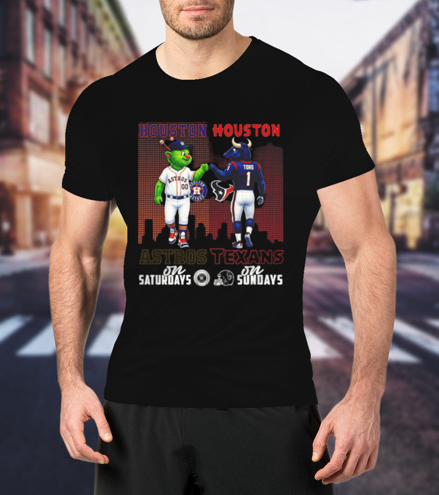 Houston Astros Orbit And Houston Texans Toro Skyline Saturdays Vs Sundays T-Shirt