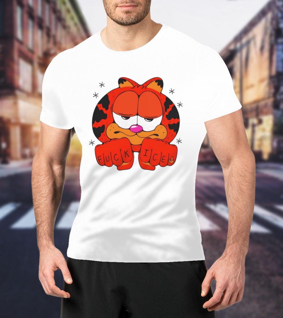 Orange Cat Garfield Meme Fuck Ice Hand Tattoos T-Shirt