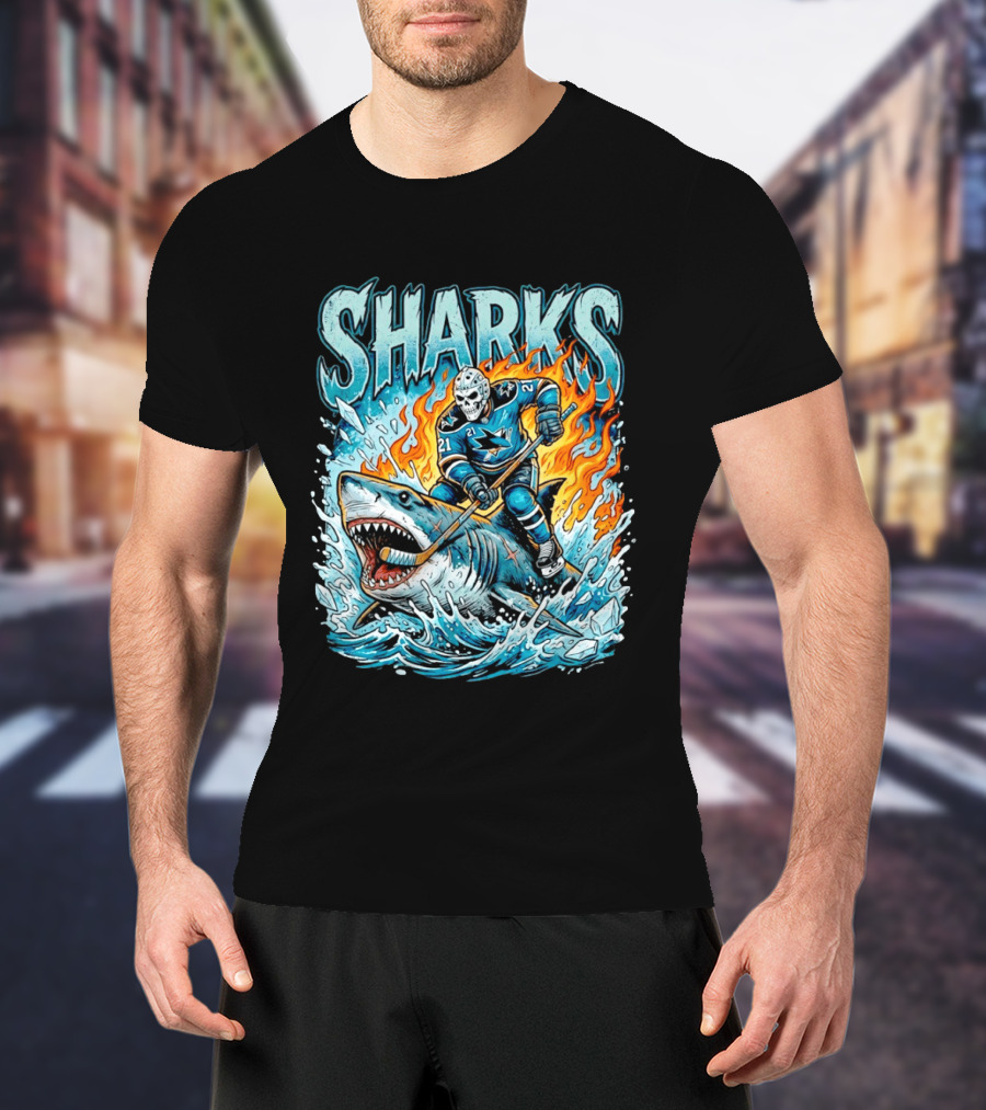 San Jose Sharks Hockey Player Riding Shark With Flames And Ice T-Shirt