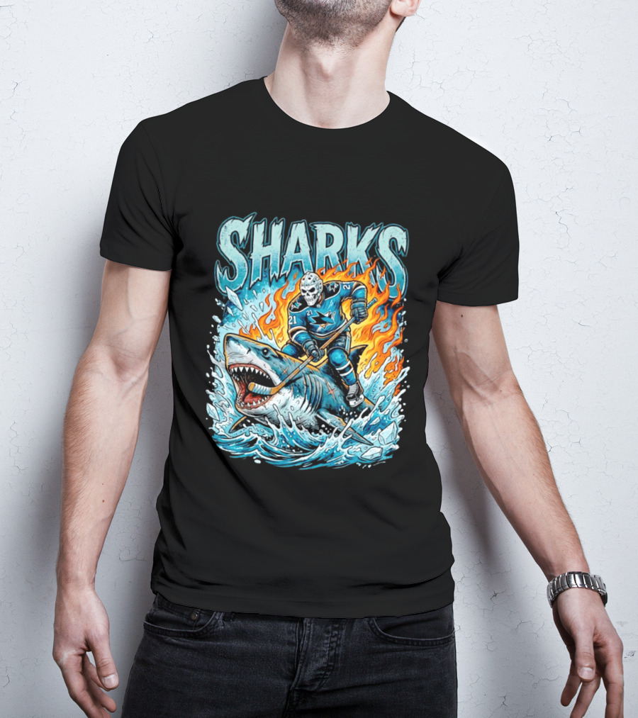 San Jose Sharks Hockey Player Riding Shark With Flames And Ice T-Shirt