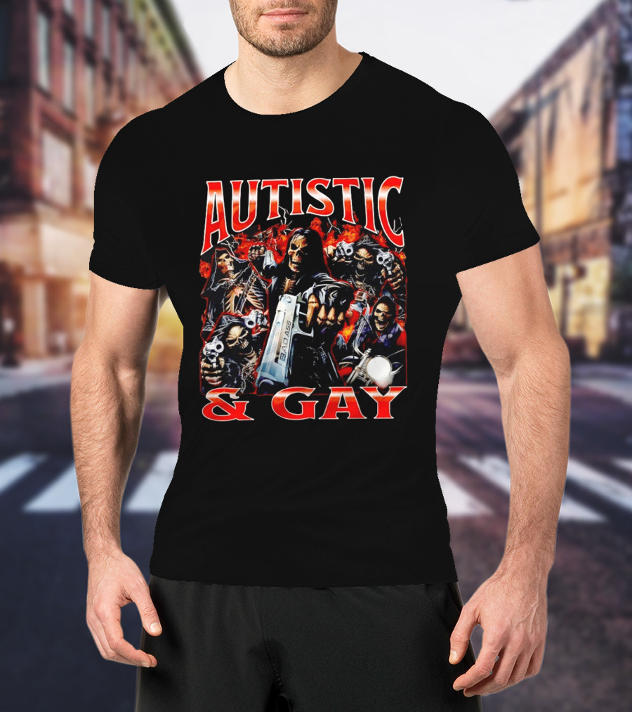 Autistic And Gay Skeletons Holding Weapons With Fire T-Shirt