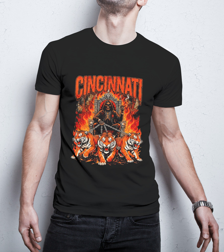Cincinnati Skull Tiger Throne Fire Chains T-Shirt