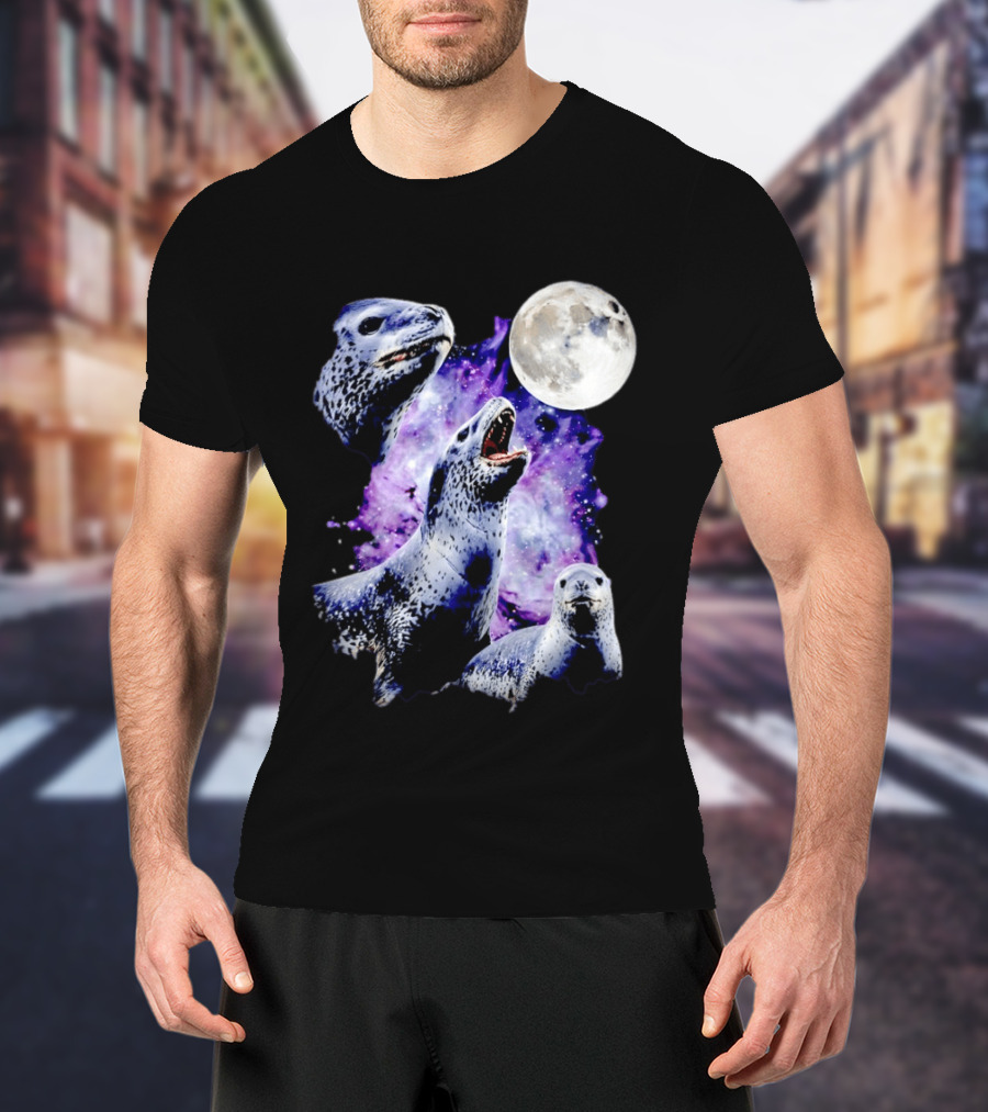 Three Leopard Seals Under Moonlight With Starry Purple Night Sky T-Shirt