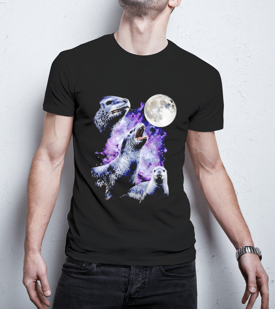 Three Leopard Seals Under Moonlight With Starry Purple Night Sky T-Shirt