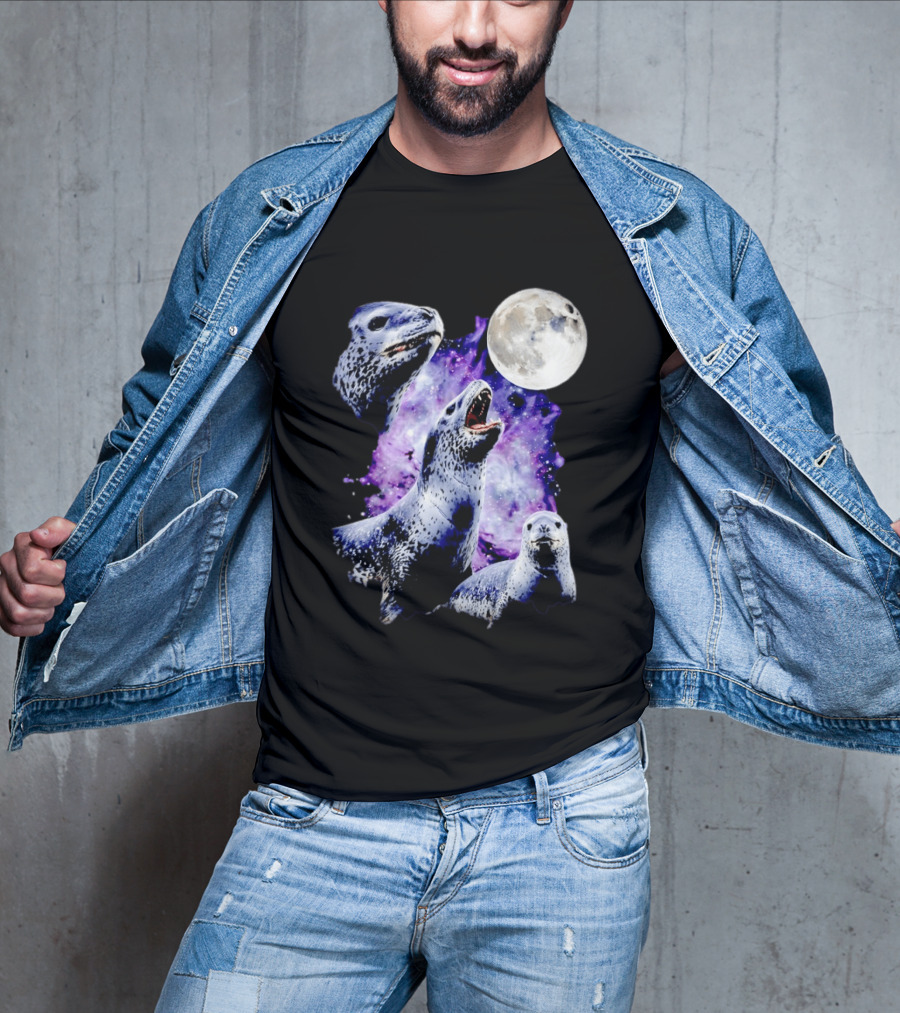 Three Leopard Seals Under Moonlight With Starry Purple Night Sky T-Shirt