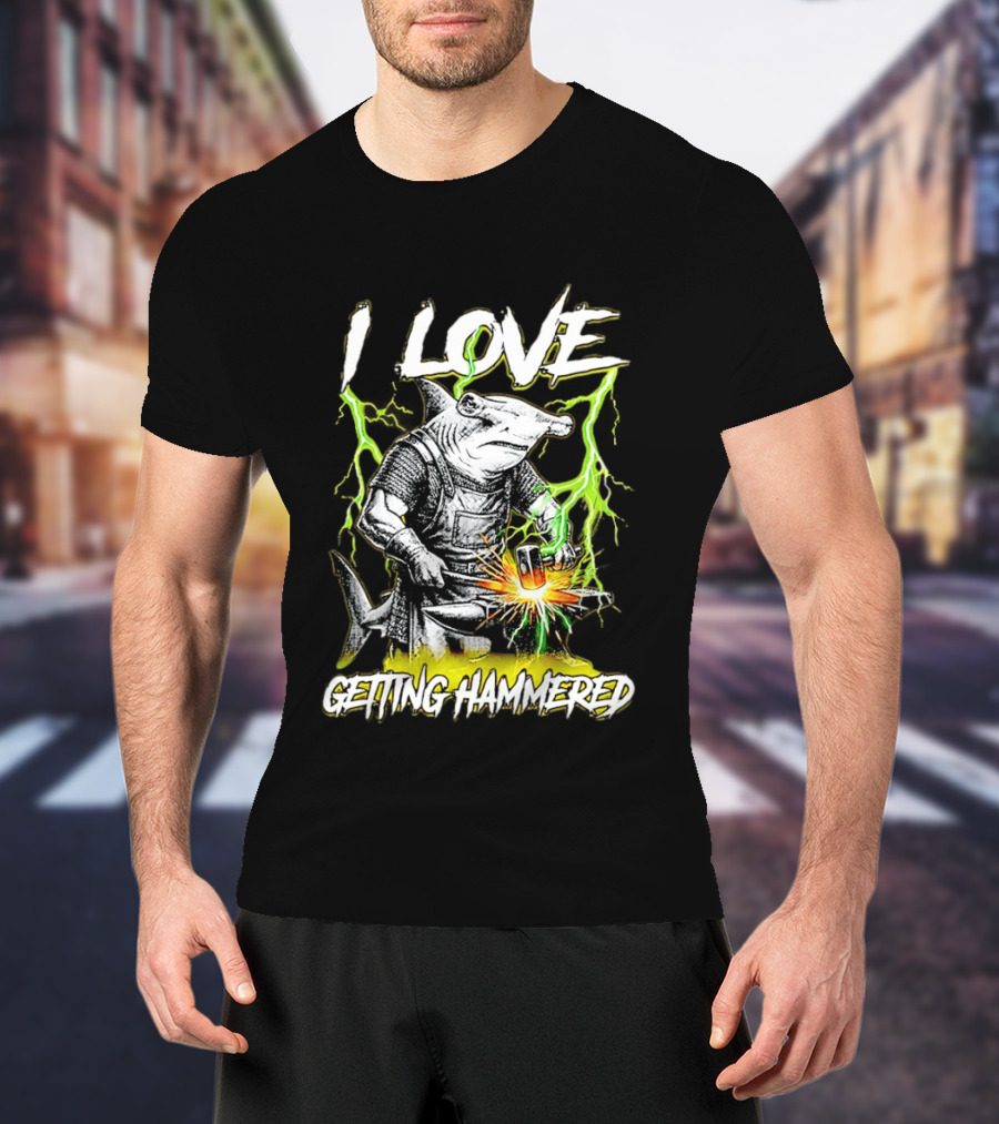 I Love Getting Hammered Hammerhead Shark Lightning Blacksmith Hammering T-Shirt