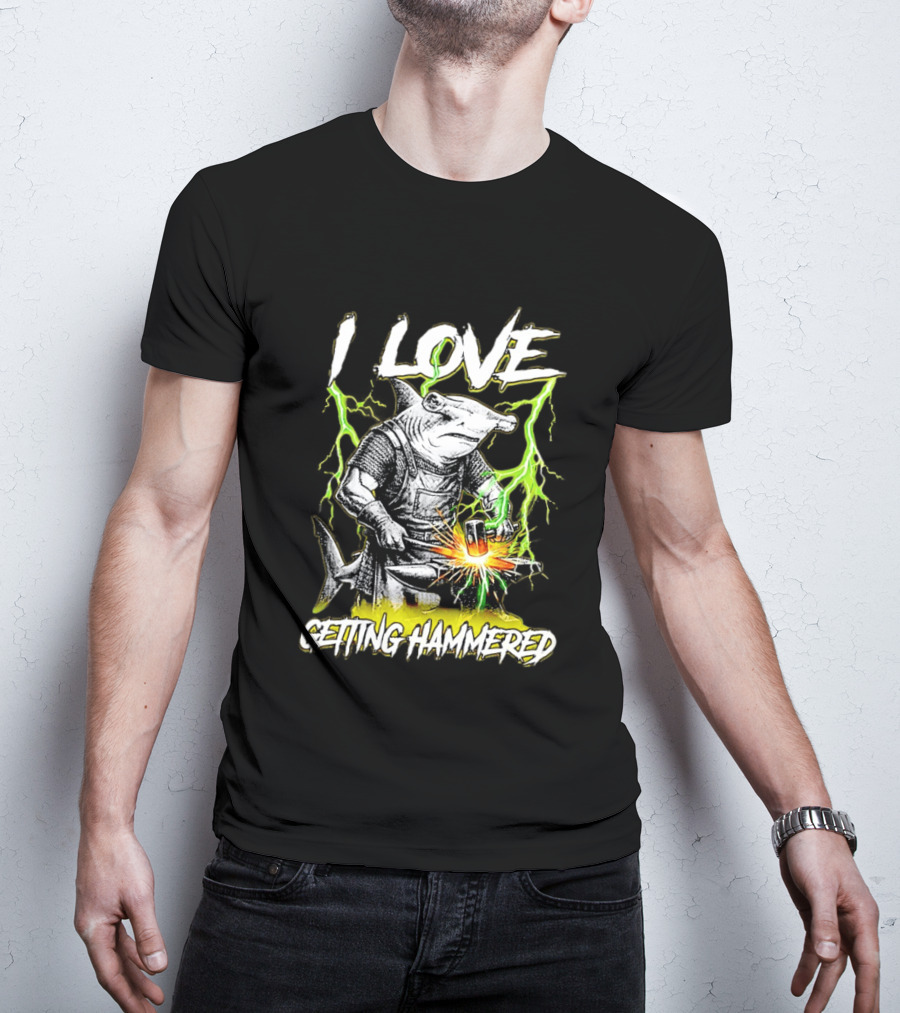 I Love Getting Hammered Hammerhead Shark Lightning Blacksmith Hammering T-Shirt