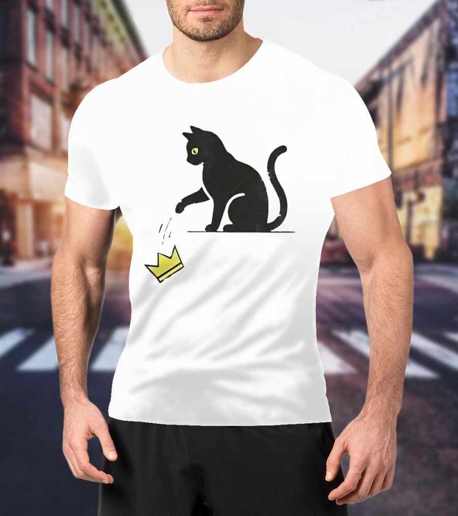 Cat Knocking Crown Anti King Humor Black Cat Yellow Eyes T-Shirt
