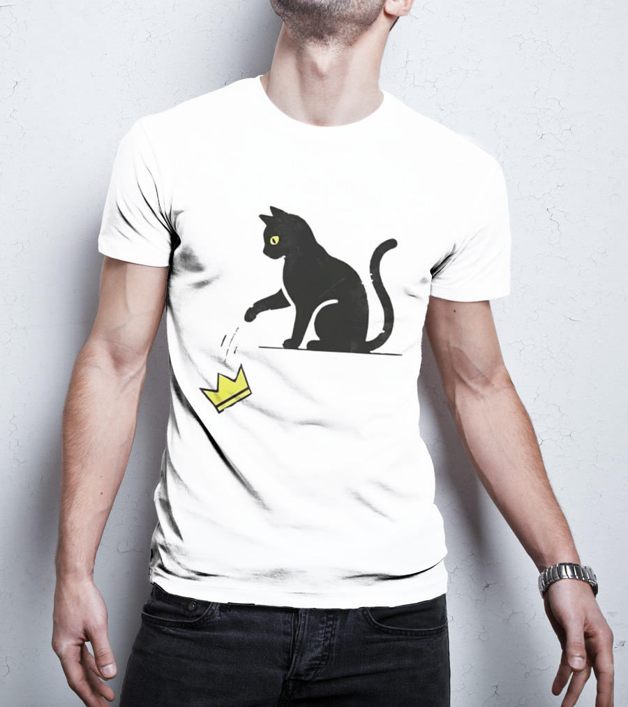 Cat Knocking Crown Anti King Humor Black Cat Yellow Eyes T-Shirt