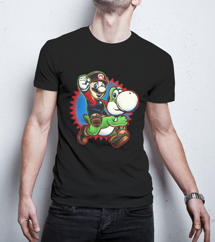 Mario And Yoshi Ride The Green Dino Classic Cartoon Adventure T-Shirt