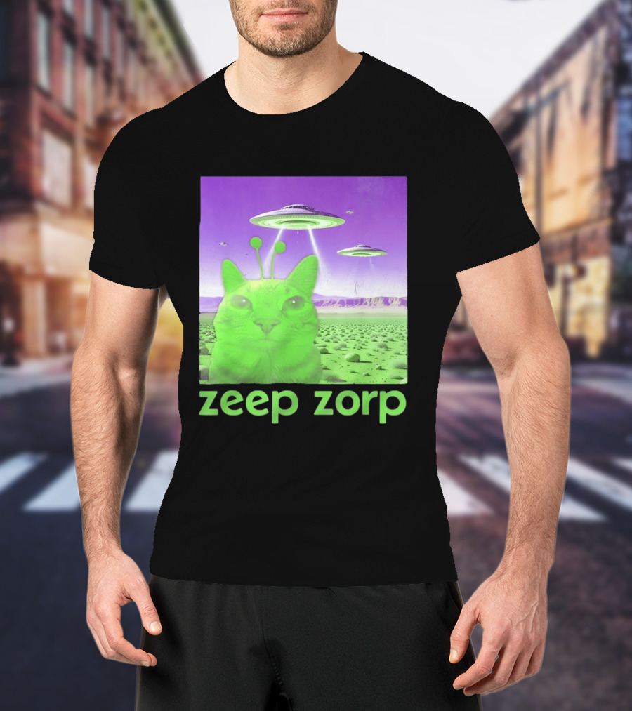 Zeep Zorp Green Cat Alien With UFOs In Space Desert Scenery T-Shirt