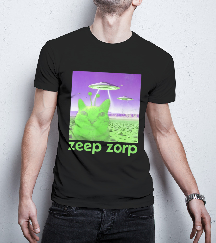Zeep Zorp Green Cat Alien With UFOs In Space Desert Scenery T-Shirt