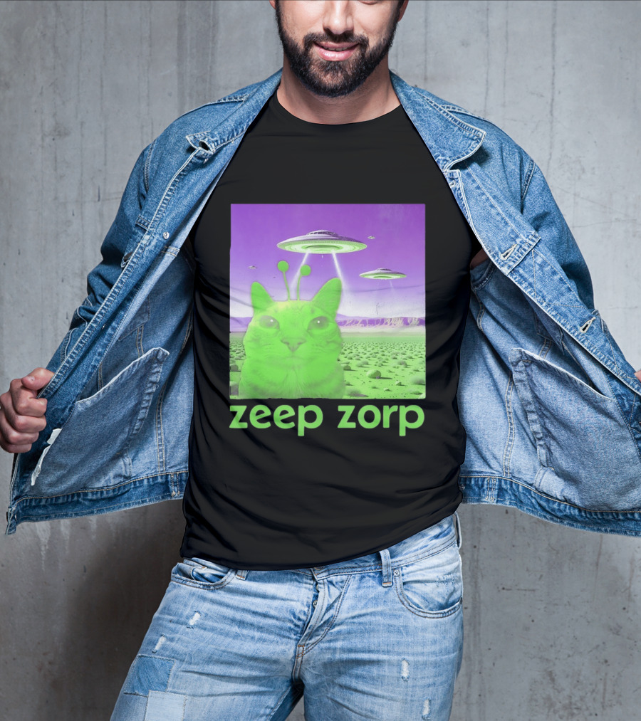 Zeep Zorp Green Cat Alien With UFOs In Space Desert Scenery T-Shirt