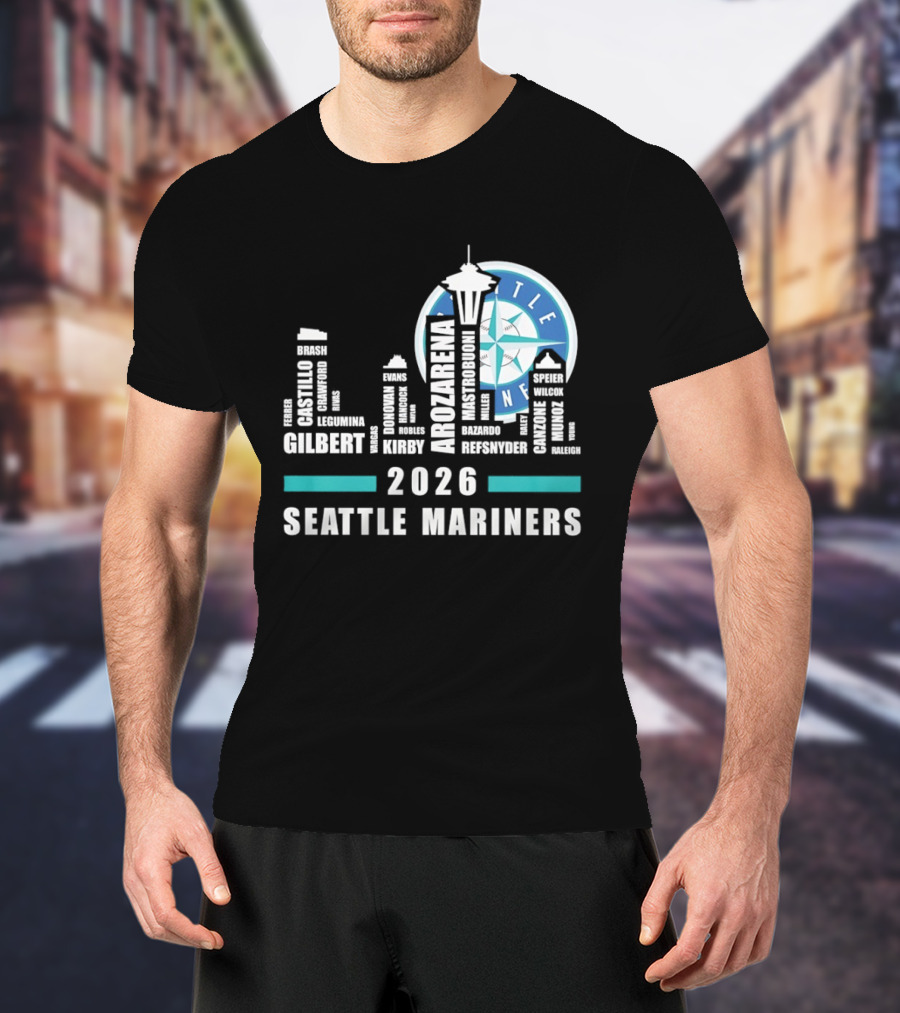 2026 Seattle Mariners City Connect Skyline With Player Names And Space Needle T-Shirt