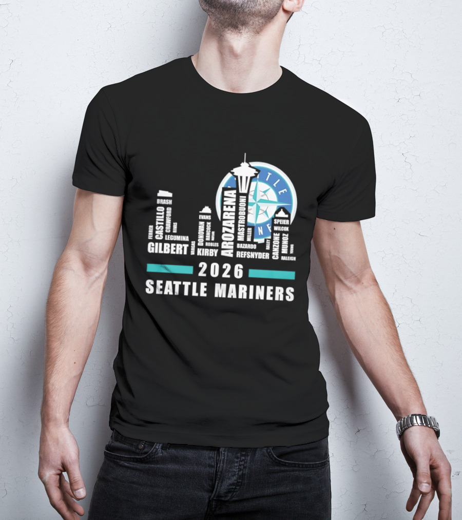 2026 Seattle Mariners City Connect Skyline With Player Names And Space Needle T-Shirt
