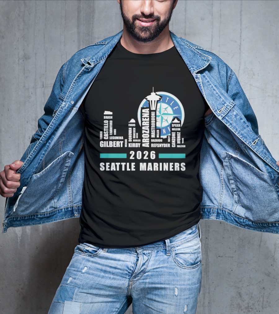 2026 Seattle Mariners City Connect Skyline With Player Names And Space Needle T-Shirt