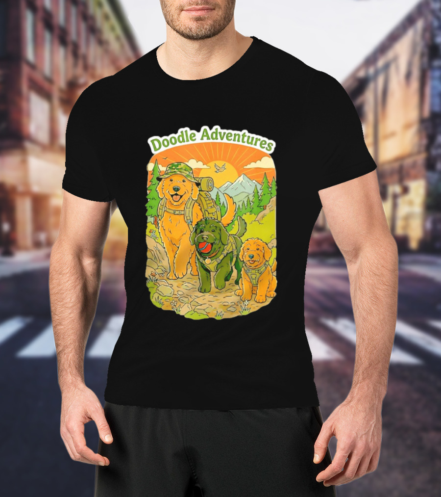 Doodle Adventures Three Dogs Picnic Adventure Sunset T-Shirt